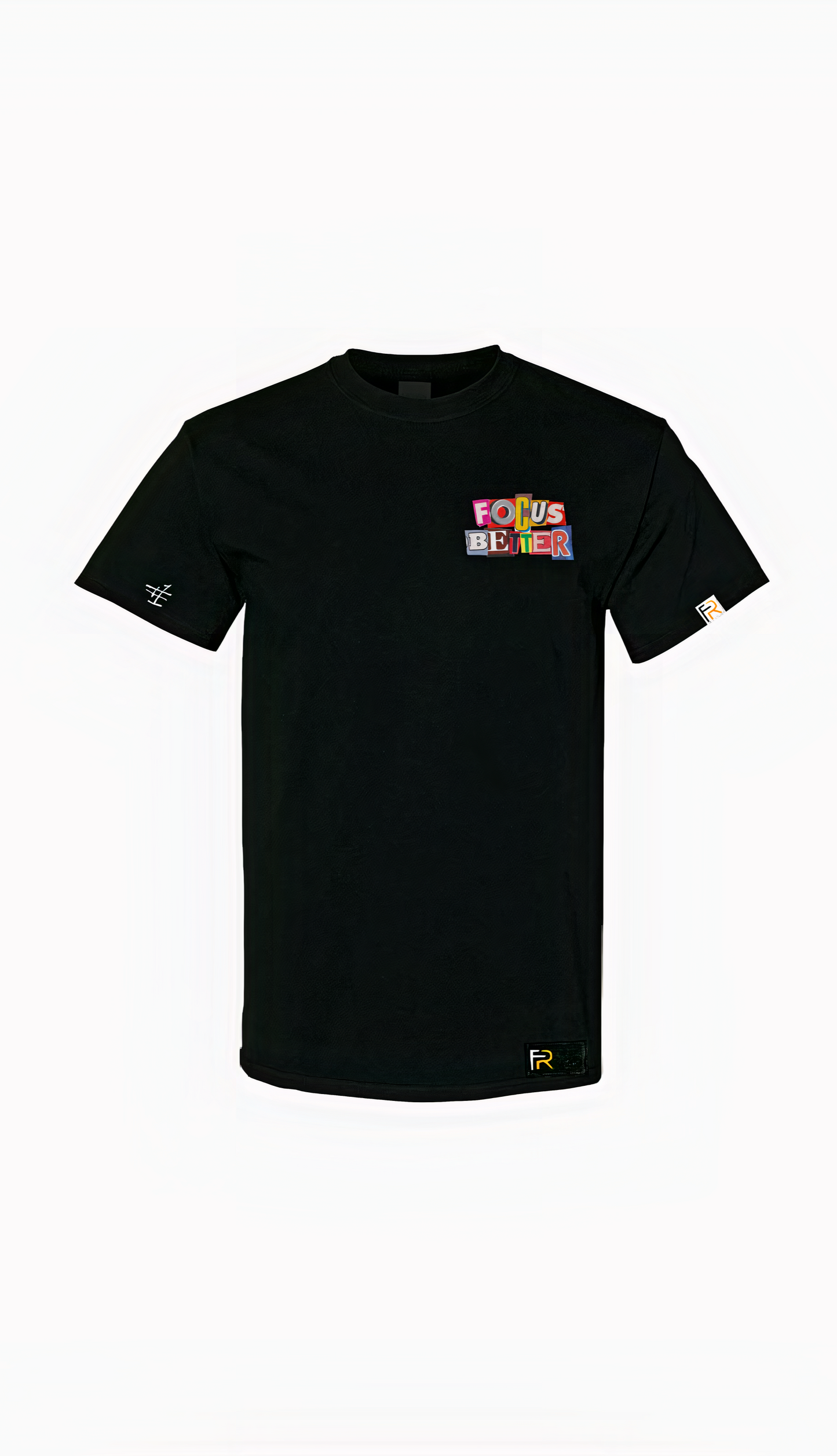 Black Focus Better t-shirt with bold front and back text, featuring Focus Rich and Nun Better logos in streetwear collab design