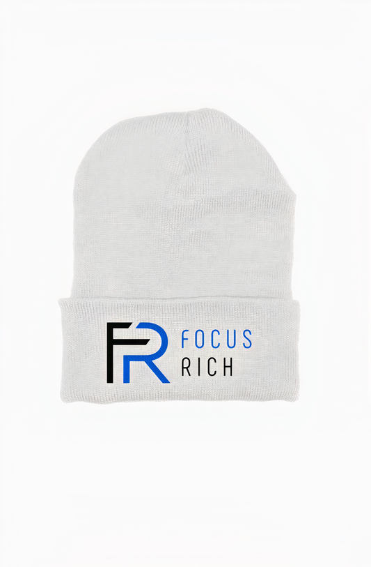 White Focus Rich Clothing Classic Logo Beanie – Premium Streetwear

